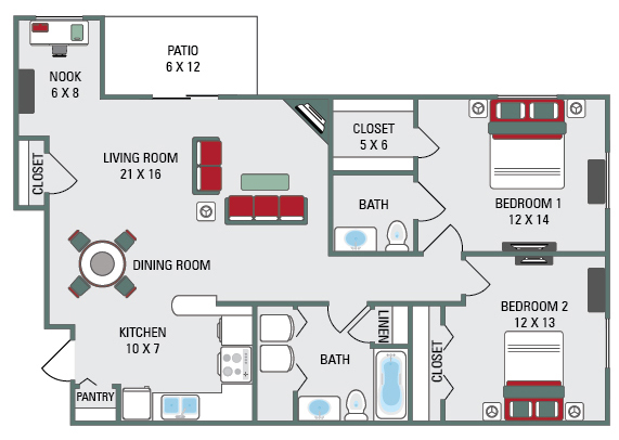 Floor Plan - 2BR 1.5BA Upper or Lower 1130-1165SF