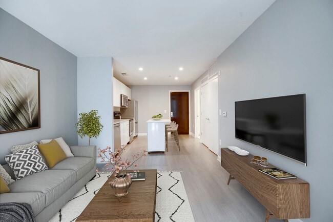 One-bedroom living and dining (virtually staged)