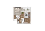 One bedroom layout with open living area and standard storage