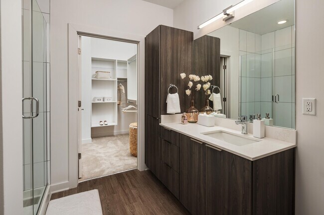 Experience the elegance of this modern bathroom paired with a generous walk-in closet for ultimate convenience. - Solis Dresden Village