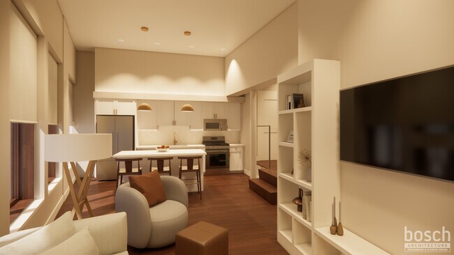 rendering of a living room with built-in shelves - Peregrine Peninsula
