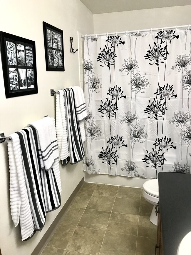 Bathroom with full tub, recent remodel, tile floor, updated countertop and sink, fresh design. - 502 Crab Apple Court Unit Industrial Rooster