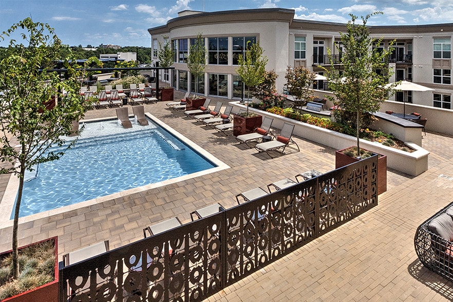 Rooftop pool with expansive sundeck and views of Uptown Charlotte