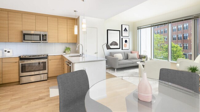Living Room and Kitchen with Stainless Steel Appliances