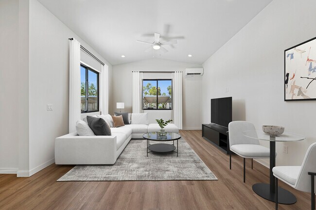 Freestanding Home dining and living room with hard-surface flooring