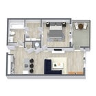 Juniper — a true one-bedroom at 686 sq ft with a separate sleeping space.