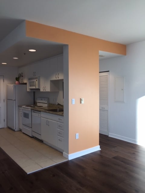 Kitchen and hallway to the bathroom from living room. - 250 King St Apartment Unit 738