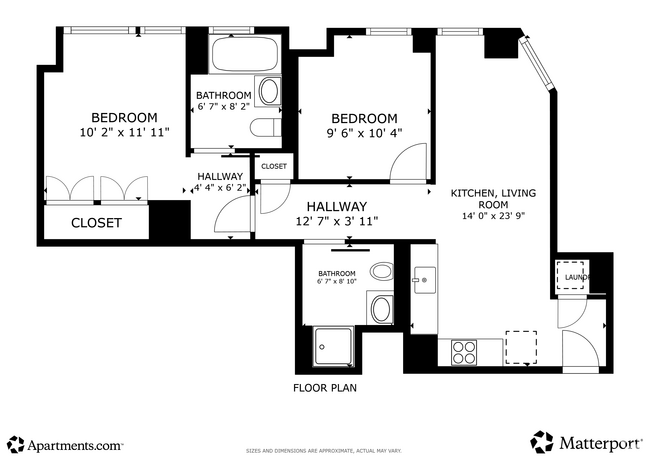 2BR, 2BA - 760SF - Schematic Floor Plan