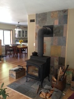 Woodstove into kitchen view - 1002 Jessup Road