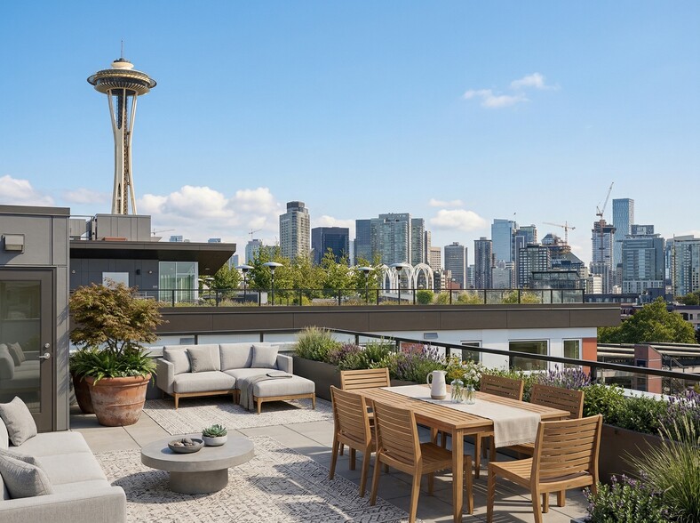 Rooftop terrace at 306 Queen Anne featuring outdoor dining, lounge seating, and direct views of the Space Needle and Seattle skyline.