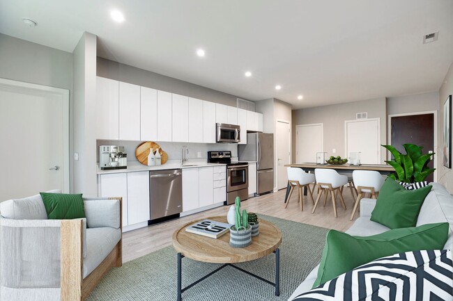 One-bedroom living and dining (virtually staged)
