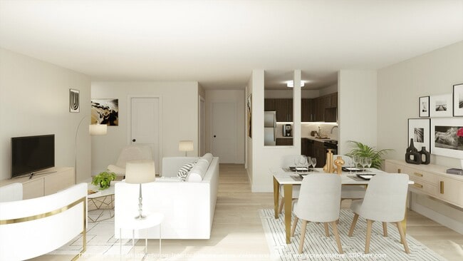 Upgraded living room with kitchen at Franklin River Apartments in Southfield