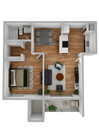 3D Furnished One-Bedroom, One-Bathroom Floor Plan