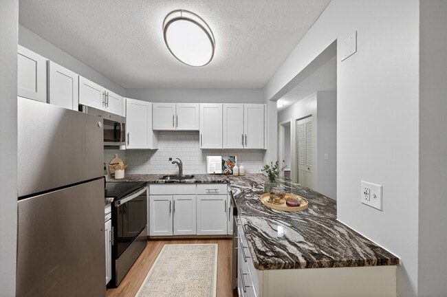 Mejora tu estilo de vida en Park Village West con esta moderna cocina que cuenta con elegantes electrodomésticos de acero inoxidable y encimeras de granito. Diseñada para combinar estilo y funcionalidad, es perfecta para dar rienda suelta a tu creatividad culinaria. ¡Agenda una visita hoy mismo! - Park Village West
