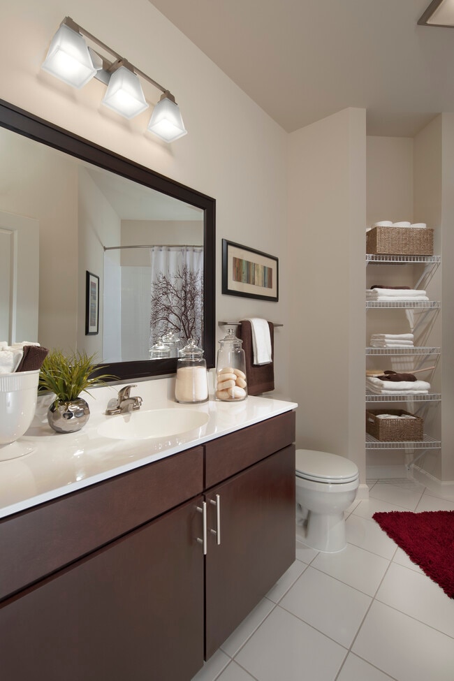 Bathroom with European-style cabinets, white countertop and hard surface flooring