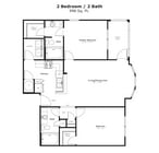 The Garland 2: 996 sq. ft., 2 beds, 2 baths, both with walk-in closets, plus a bay window and screened patio—designed for easy living without the garage.