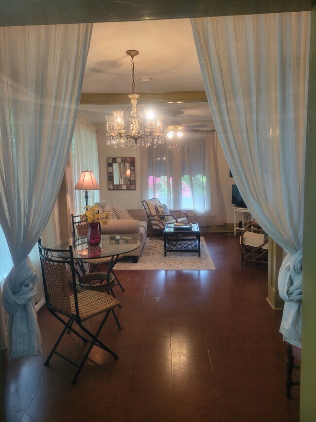looking out from kitchen to dining area and living room