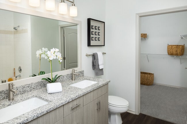 Remodeled bathrooms feature wood grain cabinets and framed mirrors - Settlers Ridge Apartments