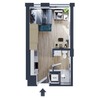 Agencement moderne d'un studio comprenant une chambre confortable, un espace de vie ouvert, une cuisine compacte et une salle de bains élégante avec buanderie intégrée.