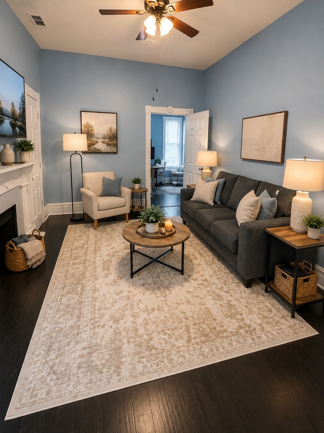 Bright furnished living room with historic fireplace and Smart TV