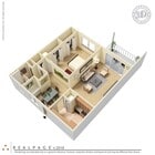 Modern 3D floor plan with a cozy bedroom, stylish living room, elegant dining area, and a compact kitchen, complete with a private balcony.