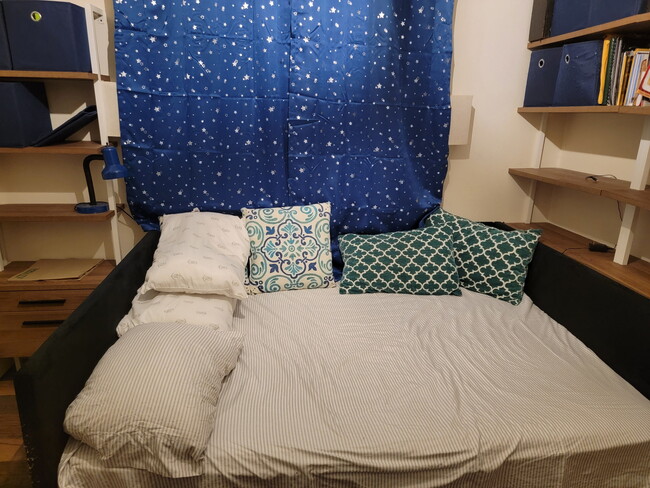 Full-sized day bed with extra pillows, big draped window