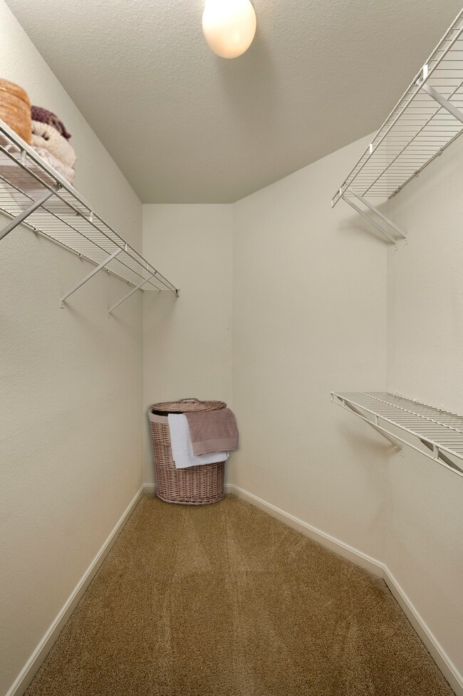 Walk-in closet with linen storage space and hanging racks