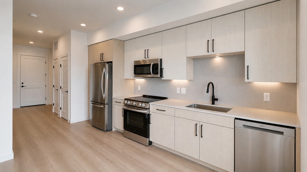 Bright minimalist kitchen and hallway