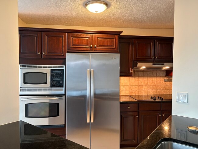 Kitchen with granite countertops, solid wood cabinetry, and stainless appliances. - 25 Rockledge Ave Unit #718