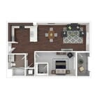 Modern 1-bedroom floor plan showcasing an open-concept kitchen and living area, elegant wooden flooring, and a sleek bathroom design.