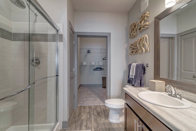 Bath with walk-in shower, wood cabinetry, hard-surface flooring, and walk-in closet (select apartments)