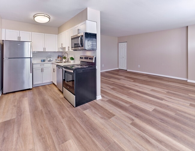 Contemporary kitchen with stainless steel appliances and open living space at Village Square. - Village Square