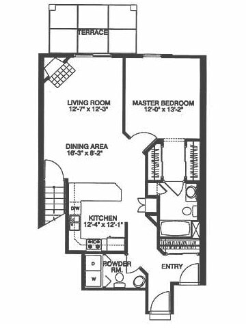 Mulberry Floor Plan 1 Bedroom 1.5 Bath