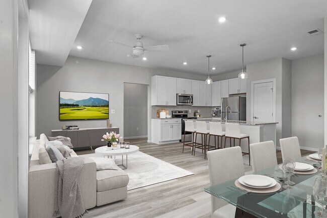 Kitchen Island, Dining, and Living Room