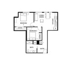 Modern floor plan featuring 2 spacious bedrooms, an open living and dining area, a fully equipped kitchen, and a conveniently located bathroom.