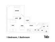 Modern floor plan of a 1-bedroom, 1-bathroom apartment featuring a spacious living and dining area, efficient kitchen, and convenient closet space.