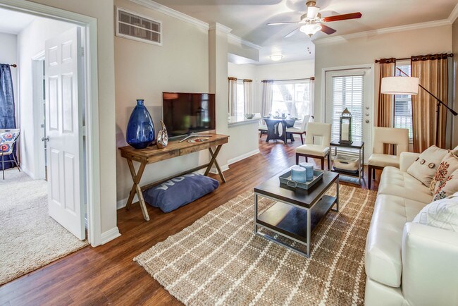 Open living room with access to bedroom and kitchen