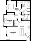 The B1 floor plan, an 855 SF, 2 bedroom, 2 bathroom home, is well designed with a split layout and connected living space.