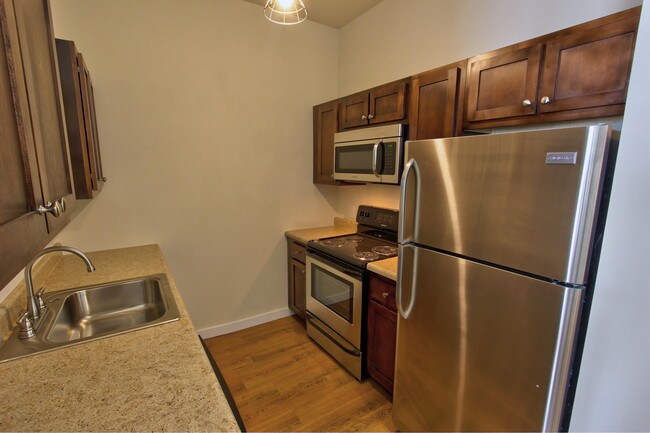 Kitchens feature stainless steel appliances
