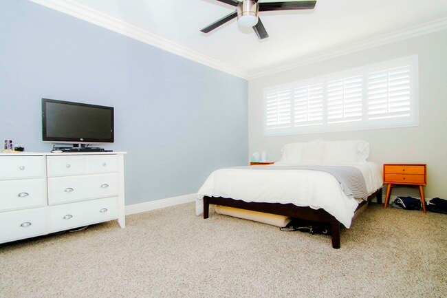 Naturally lit bedroom with ceiling fan.
