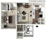 Chic 3D apartment floor plan showcasing a spacious bedroom, luxurious bathroom, inviting open-concept living and dining area, and a modern kitchen with breakfast bar.