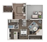 Plano de planta de un dormitorio y un baño con conexiones para lavadora y secadora de tamaño estándar. Las casas de la planta baja ofrecen pisos estilo tablón de madera en todas partes. Las casas del segundo piso ofrecen alfombras en los dormitorios y los vestidores.