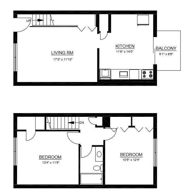 Floor Plan - B1 - 2 Bed 1 Bath Townhome