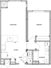 Plano de planta de un dormitorio y un baño