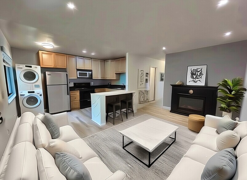 Living room looking to Kitchen, shown with optional fireplace. AI generated furniture