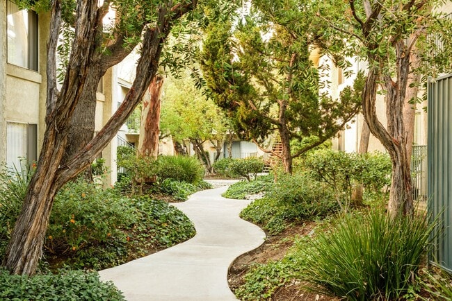 Paisaje exuberante en Village Pointe Apartment Homes