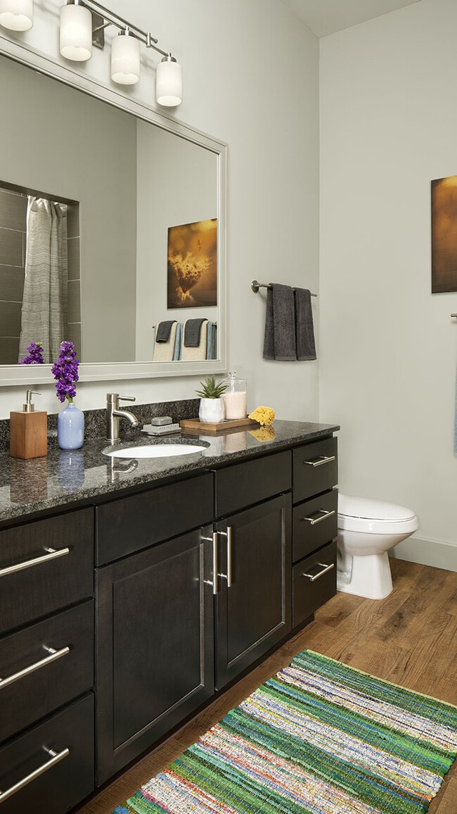 Apartment Bathroom with hardwood flooring.