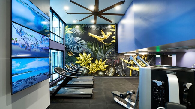 Stunning art mural with HIIT fitness center featuring treadmills and weight stations