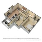 Plano moderno en 3D que muestra dos dormitorios, una elegante sala de estar diáfana, una cocina bien equipada y un balcón privado.