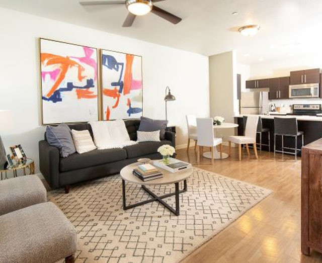Spacious Living Room with Ceiling Fan